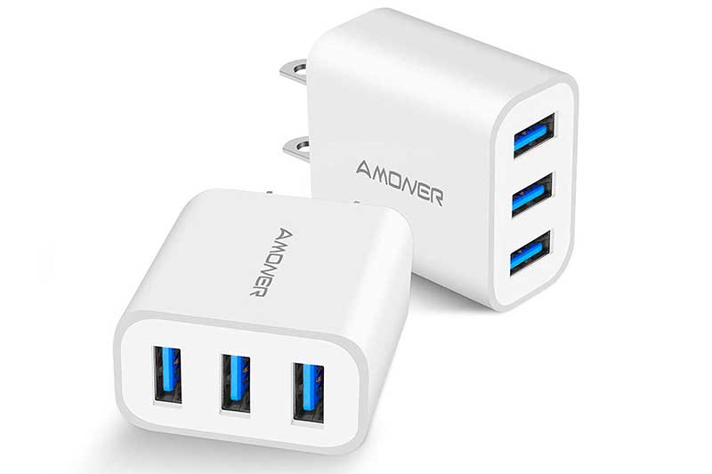 Amoner Upgraded 2Pack 15W 3-Port USB Plug Cube Portable Wall Charger