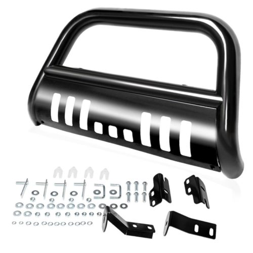 AUTOSAVER88 Bull Bar Compatible for 04-18 Ford F150 Black HD Heavyduty 3" Tube Brush Push Front Bumper Grill Grille Guard with Skid Plate Q235A