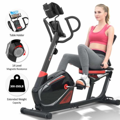 HARISON Magnetic Recumbent Exercise Bike Stationary 350 LBS Capacity with 14 Level Resistance, iPad Holder, Pulse, RPM, Adjustable Seat and Transport Wheels