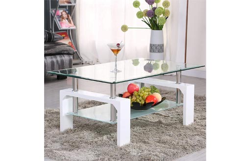 Mecor Rectangle Glass Coffee Table-White Modern Side Coffee Table with Lower Shelf Wooden Legs-Suit for Living Room