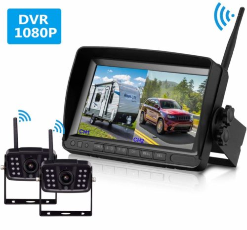 FHD 1080P Digital Wireless Dual Backup Camera 7'' DVR Monitor Kit Split Screen for Trailer/RV/Truck/Camper Rear/Side/Front View Camera Night Vision IP69K Waterproof Driving/Reversing Use