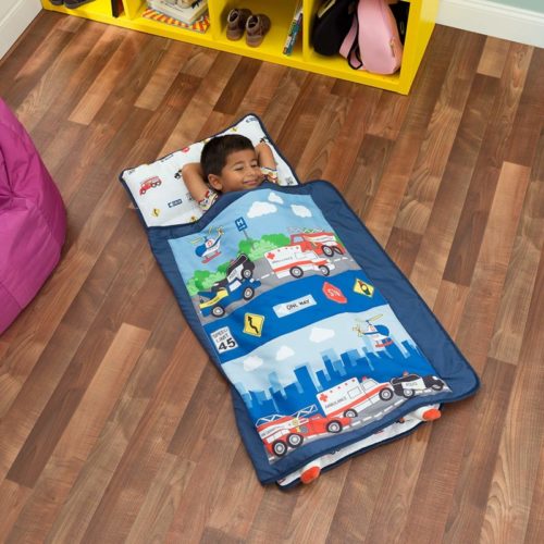 Everyday Kids Toddler Nap Mat with Removable Pillow -Fire Police Rescue- Carry Handle with Fastening Straps Closure, Rollup Design, Soft Microfiber for Preschool, Daycare, Sleeping Bag -Ages 2-4 years