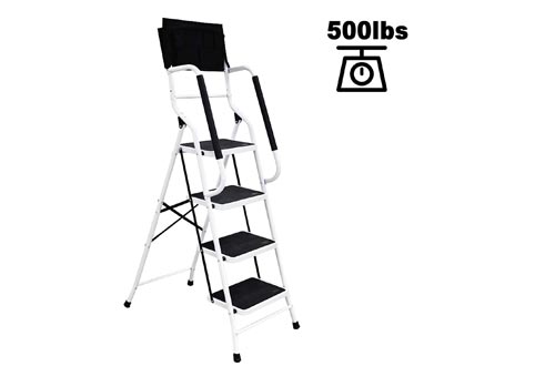 charaHOME 4 Step Ladder Step Stool Folding Portable Ladders Steel Frame with Safety Side Handrails Non-Slip Wide Pedal Kitchen and Home Stepladder with Attachable Tool Bag 500 lb Capacity