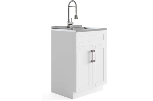 Simpli Home AXCLDYHEN-SS Hennessy Deluxe 24 inch Laundry Cabinet with Faucet and Stainless Steel Laundry & Utility Sinks, Pure White