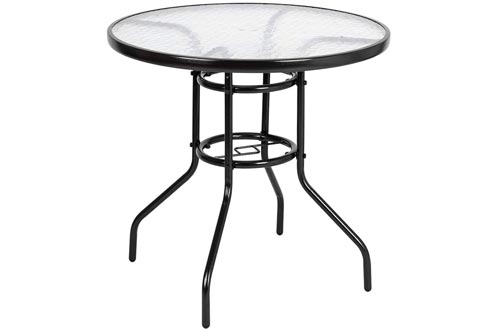 VINGLI Outdoor Dining Table, 31.5" Round Patio Bistro Tempered Glass Tables Top with Umbrella Hole, Outside Banquet Furniture for Garden Pool Side Deck Lawn
