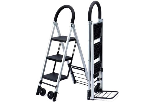 Delxo Folding 3 Step Ladders with Rolling Wheels - 2 in 1 Convertible, 3-Feet Portable Lightweight Aluminum Step Stool with Soft Handgrip & Anti-Slip Wide Pedals, Foldable Metal Hand Truck Dolly Cart