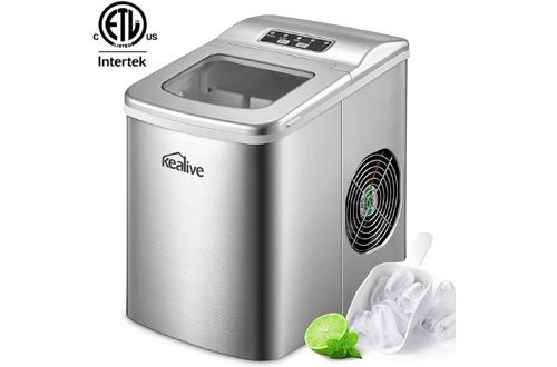 Portable Ice Makers Machine Kealive Stainless Steel Ice Makers 2L for Countertop, Make 26 lbs Ice in 24hrs with LED Display, Ice Cubes Ready in 6 Mins with Ice Scoop and Basket, ETL Listed