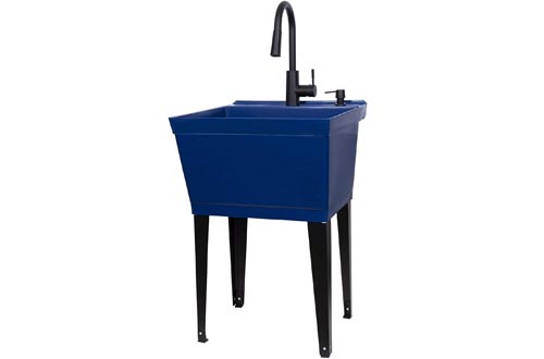 Blue Utility Sinks Laundry Tub With High Arc Black Kitchen Faucet By VETTA - Pull Down Sprayer Spout, Heavy Duty Slop Sinks For Washing Room, Basement, Garage, or Shop, Free Standing Tubs