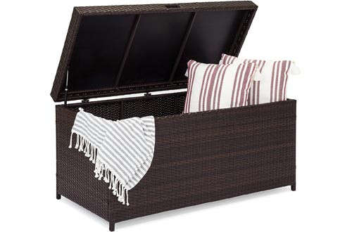 Best Choice Products Outdoor Wicker Patio Furniture Deck Storage Boxs w/Safety Pneumatic Hinges and Deep Bed for Cushions, Pillows, and Pool Accessories, Brown