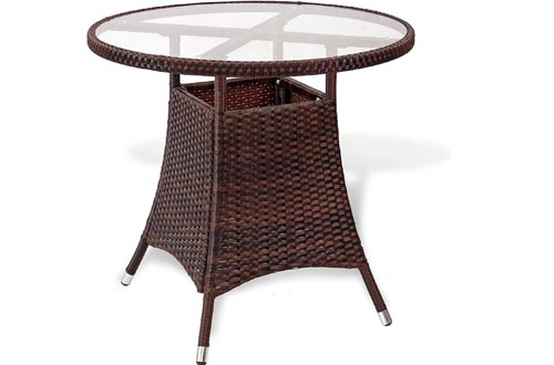 Patio Resin Outdoor Wicker Round 31.5 Inches Dining Tables w/Glass Top. Dark Brown