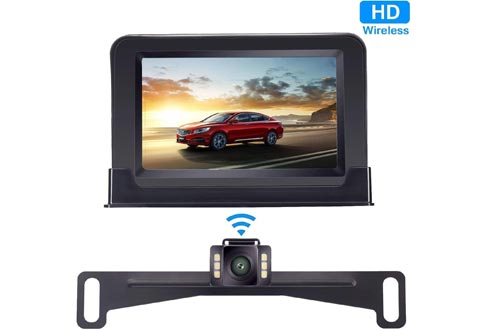Yakry Backup Cameras Wireless 4.3'' Monitor Kit for Car/SUV/Minivan/Pickup Waterproof License Plate Rear View /Front View Cameras 6 White Light LED Night Vision Guide Lines ON/OFF