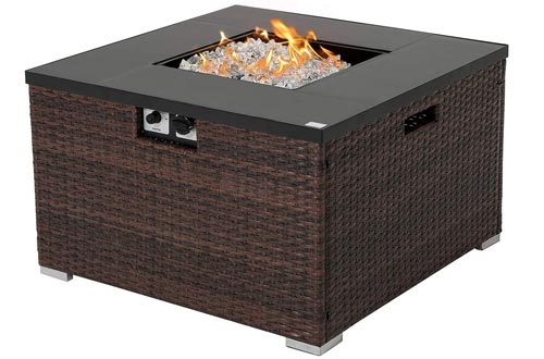 COSIEST Outdoor Propane Fire Pits 32-inch Square Espresso Brown Wicker Fire Table, 40,000 BTU Stainless Steel Burner,Fits 20 gal Tank Outside Ceramic Top,Free Lava Rocks and Cover