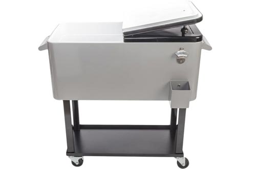 Goujxcy 80-Quart Portable Rolling Chest Cooler Carts, Portable Patio Party Bar Drink Cooler Carts, with Shelf, Beverage Pool with Bottle Opener, Stainless Steel