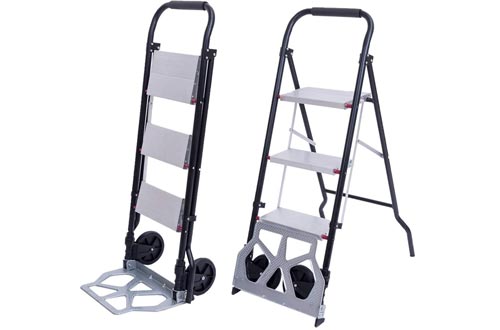 Goujxcy Dual-Use Folding Ladder,3 Step Ladder with Rolling Wheels - 2 in 1 Convertible Folding Heavy Duty Step Ladders/Hand Truck