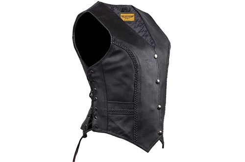 Womens Black Leather Motorcycle Vests with Braid on Front and Back Side Laces