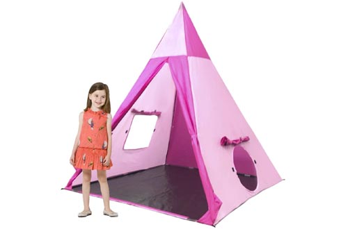 EasyGoProducts Indoor Tee Pee Tents – Play Teepee Tents for Kids with Five Wood Poles & Carry Bag – Five-Sided Walls with Door, Window & Floor