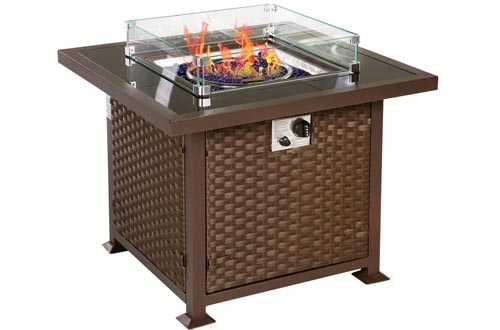 U-MAX 32 inch Outdoor Auto-Ignition Propane Gas Fire Pits Table, 50,000 BTU CSA Certificate Gas Firepit, Aluminum Fame, Wicker PE Rattan with Glass Wind Guard,Tempered Tabletop & White Arctic Gla，Brown