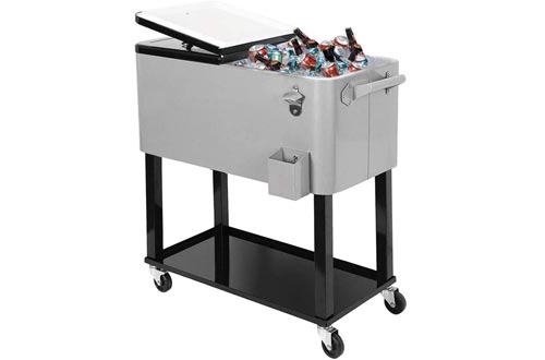 SUNCOO 80 Quart Rolling Ice Chest Cooler Carts for Outdoor Patio Deck Party, Portable Party Bar Cold Drink Beverage Tub Cooler Carts with Wheels, Shelf & Bottle Opener, Grey