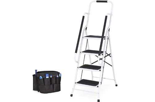 Best Choice Products 4-Step Portable Folding Anti-Slip Steel Safety Ladders w/Handrails, Attachable Tool Bag