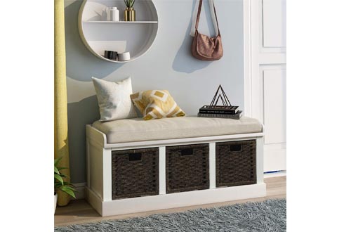 Storage Benchs with 3 Basket Drawers, Rustic Entryway Benchs/Shoe Benchs with Cushioned Seat for Entryway, Hallway, Mudroom, Living Room