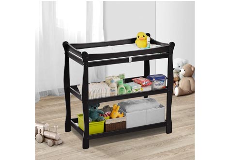 Baby Changing Tables, Kealive Wooden Diaper Changing Tables with 2 Shelves Open Storage, Infant Changing Tables Nursery Dresser with Pad and Safety Belt for Baby, Black