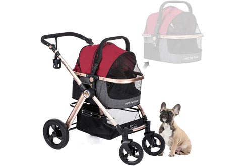 HPZ Pet Rover Prime 3-in-1 Luxury Dog/Cat/Pet Strollers (Travel Carrier +Car Seat +Stroller) with Detach Carrier/Pump-Free Rubber Tires/Aluminum Frame/Reversible Handle for Medium & Small Pets