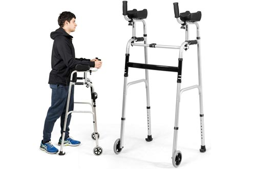Goplus Foldable Standard Walkers, Lightweight Aluminum Alloy Wheel Rehabilitation Auxiliary Walking Frame with Arm Rest Pad and Wheels, Height Adjustable Elderly Walking Mobility Aid