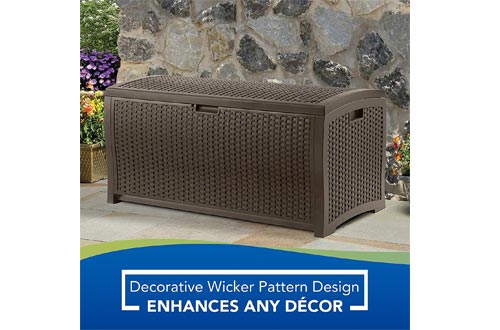 Suncast 73-Gallon Medium Deck Boxs - Lightweight Resin Indoor/Outdoor Storage Container and Seat for Patio Cushions and Gardening Tools - Store Items on Patio, Garage, Yard - Mocha Brown