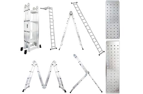 Luisladders 15.5 Feet Aluminum Multi-Purpose Extendable Ladders Folding Step Ladders Locking Hinges