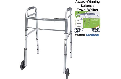 Vaunn Medical Two Button Folding Walkers with Wheels, Adjustable Height and Detachable Legs