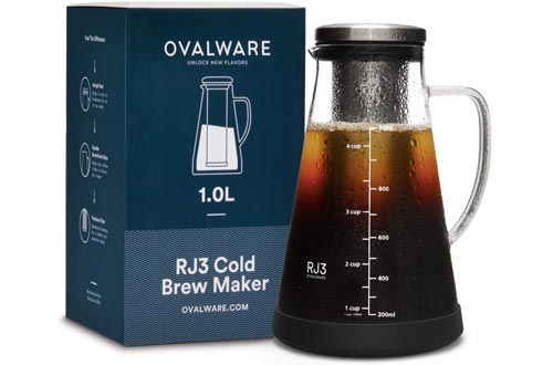 Airtight Cold Brew Iced Coffee Makers and Tea Infuser with Spout - 1.0L / 34oz Ovalware RJ3 Brewing Glass Carafe with Removable Stainless Steel Filter