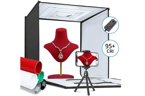 ShowMaven Photo Light Box, Portable Folding Photography Studios Box Booth Shooting Tent Kit with 5 Backdrops & Phone Holder & Tripod Stand for Photography