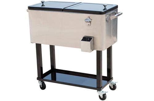 Outsunny 80 QT Rolling Cooler Ice Chest on Wheels Outdoor Stand Up Drink Cooler Carts for Party, Stainless Steel