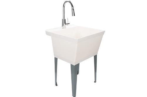 Laundry Sinks Utility Tub With High Arc Chrome Kitchen Faucet By MAYA - Pull Down Sprayer Spout, Heavy Duty Sinks With Installation Kit