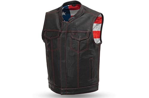 First Manufacturing Men's Leather Motorcycle Vests with Gun Pockets Solid Back Hidden Zipper American Flag Liner
