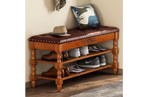 Tribesigns Shoe Bench, Solid Wood Storage Benchs Entryway with Lift Top, 2-Tier Vintage Style Shoe Rack with Tufted Leather Accents