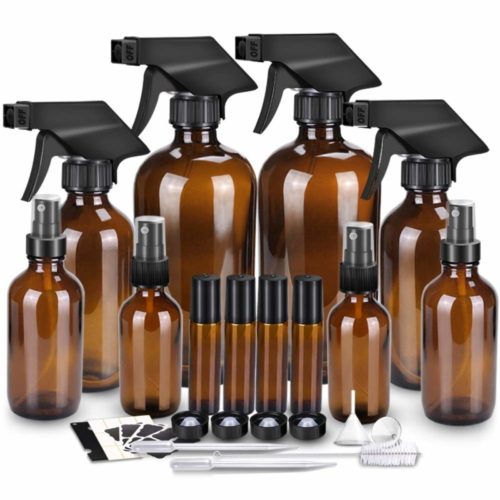 Glass Spray Bottle Kits, BonyTek Empty 4 10 ml Roller Bottles, 8 Amber Essential Oil Bottle(16oz,8oz,4oz,2oz) with Labels for Aromatherapy Cleaning Products