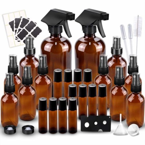 Glass Spray Bottles Kits, BonyTek Empty 12 10 ml Roller Bottles, 12 Amber Essential Oil Bottle (2 x 16oz,2 x 4oz,8 x 2oz) with Labels for Aromatherapy Cleaning Products