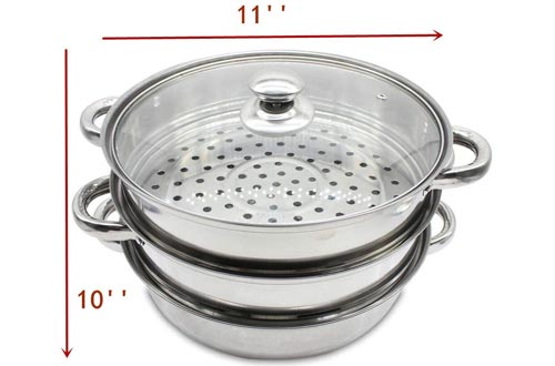 3 Tier Steamer Pots Set Steaming Cookware + Glass Lid, 11 Inch Diameter, Stainless Steel Kitchen Cooking Tool