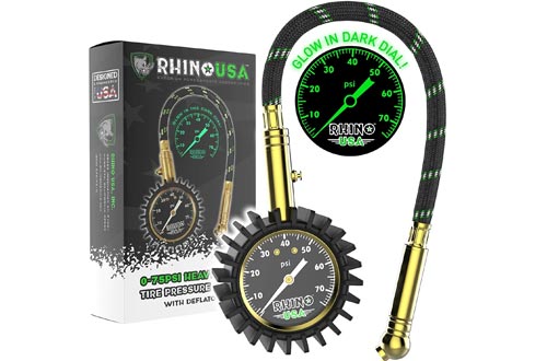 Rhino USA Heavy Duty Tire Pressure Gauges (0-75 PSI) - Certified ANSI B40.1 Accurate, Large 2 inch Easy Read Glow Dial, Premium Braided Hose, Solid Brass Hardware, Best for Any Car, Truck, Motorcycle