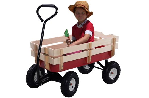 Giantex All Terrain Cargo Wagon Wood Railing Kids Children Garden Air Tires Outdoor Red