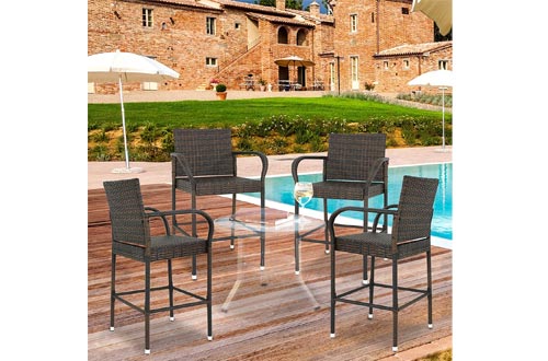 Nova Microdermabrasion Wicker Barstool Outdoor Patio Furniture Bar Stools All Weather Rattan Chair w/Armrest and Footrest for Garden Pool Lawn Porch Backyard, Set of 4