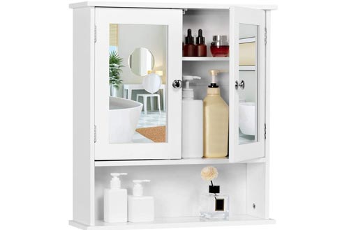 Yaheetech Bathroom Medicine Cabinets Wall Mount Mirror Cabinets with Double Doors and Adjustable Shelf, Wooden Storage Cabinets Organizer for Kitchen, Accent Home Furniture, White