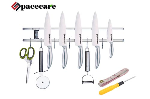 SPACECARE Magnetic Knife Holders,Knife Strip,Knife Rack Double-Bar Rack Stainless Steel Wall-mounted With 6 Removable Hooks