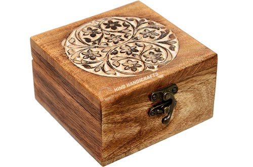 Antique Handmade Wooden Urn Tree of Life Engraving Handcarved Jewellery Boxes for Women-Men Jewel | Home Decor Accents | Decorative Boxes | Storage & Organiser (4" x 4" x 2", Whitewashed)