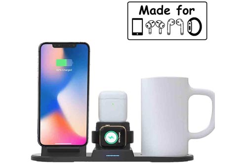 Coffee Mug Warmers Wireless Charger Station, 4 in 1 Wireless Charging Stand Dock Beverage Drink Desk Cup Heater Compatible With iPhone 11 Xs Max Xr 8 Plus Airpods Pro 2 1 Apple Watch Series 5 4 3 2 1