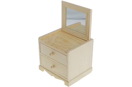 Dovewill Natural Unfinished Wooden Jewelry Boxes Small 2 Drawers Chest Case Glass Mirror