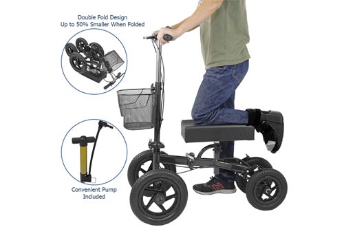 Clevr Quad All Terrain Foldable Medical Steerable Knee Walker Scooters, Black, Walking Aid Roller for Foot Injuries, Height Adjustable Crutch Alternative, Deluxe Brake System & Basket