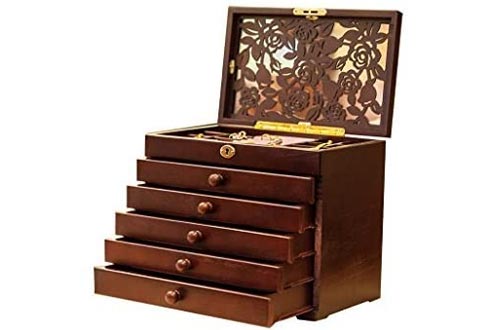 Legoyo Rose Carved 6 Layer Wooden/Real Wood Jewelry Boxes and Lock Wine Red