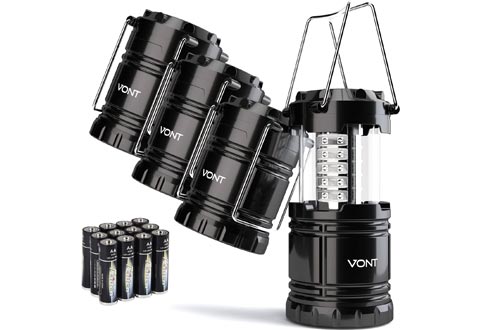 Vont 4 Pack LED Camping Lanterns, LED Lanterns, Suitable for Survival Kits for Hurricane, Emergency Light, Storm, Outages, Outdoor Portable Lanterns, Black, Collapsible, (Batteries Included)
